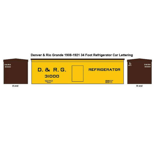 Denver & Rio Grande 34 Foot Standard Gauge Refrigerator Cars 1909-1921 Decal Set D&RG HO, O