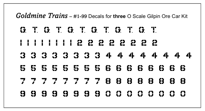 O Scale Gilpin Ore Car Decals (1- 99) For 3 Cars