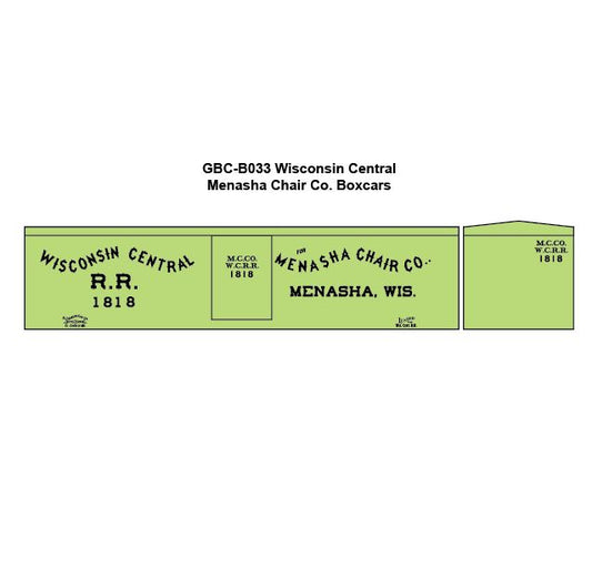 GBC-B033 Wisconsin Central Menasha Chair Company Boxcar Decal Set - HO Scale