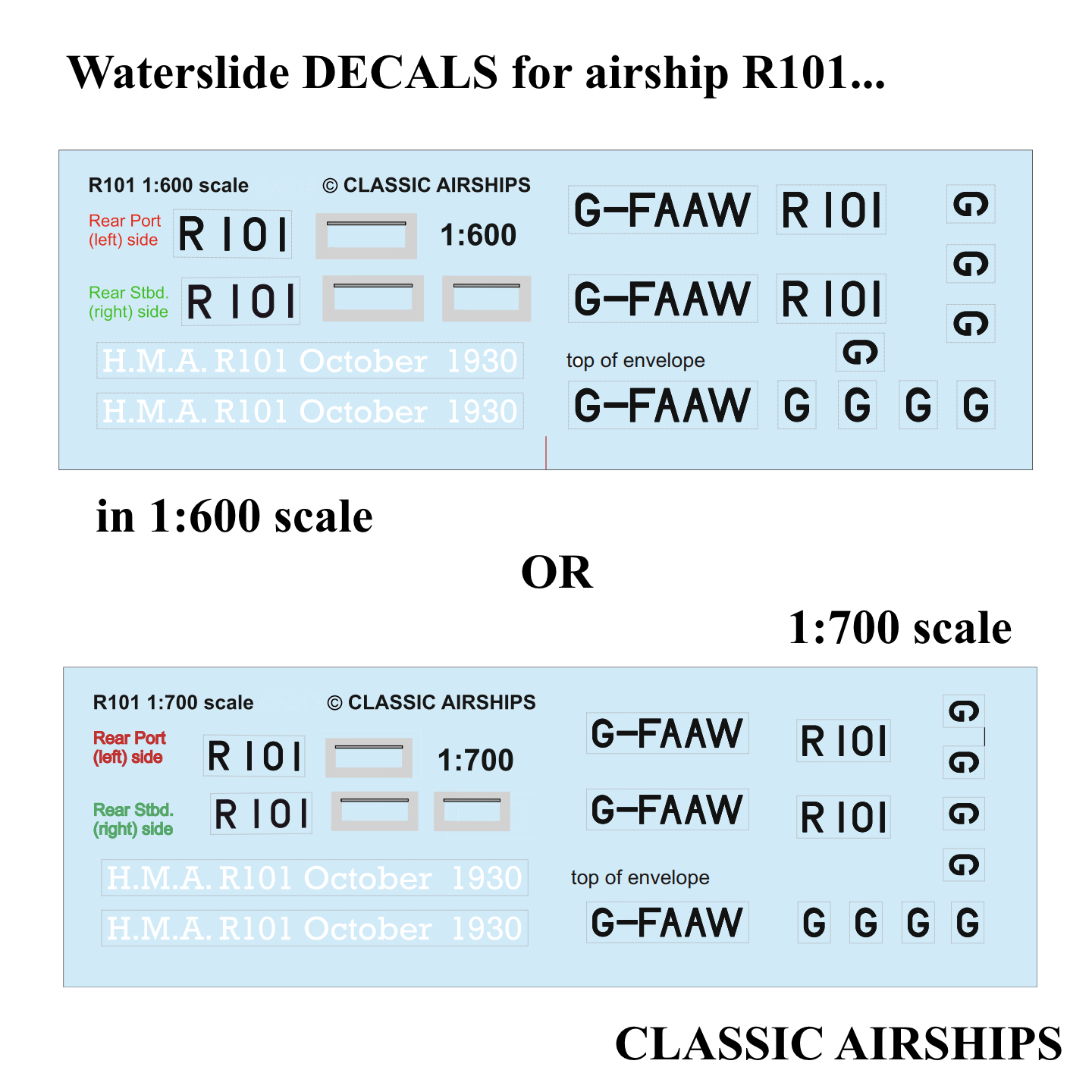 R101 Airship decals, 1:600 AND 1:700 scale