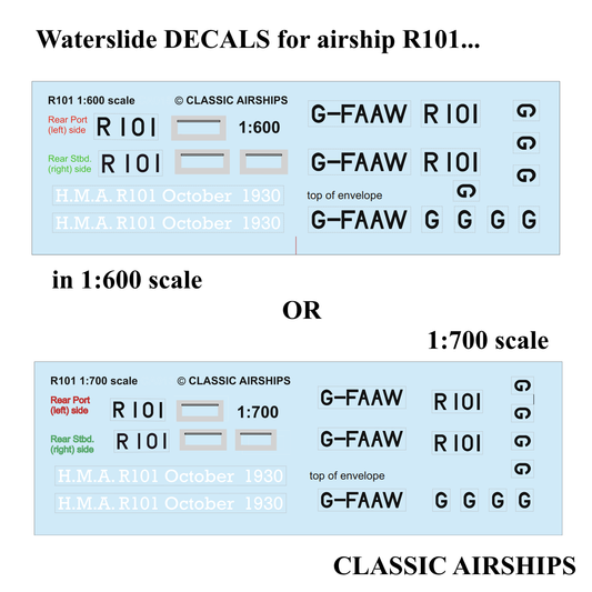 R101 Airship decals, 1:600 AND 1:700 scale