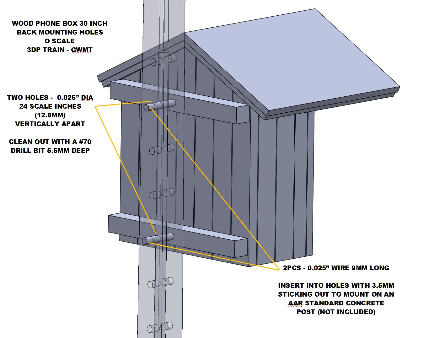 Wood Phone Box 30in - Short Eave w/2in Siding 1pc O Scale