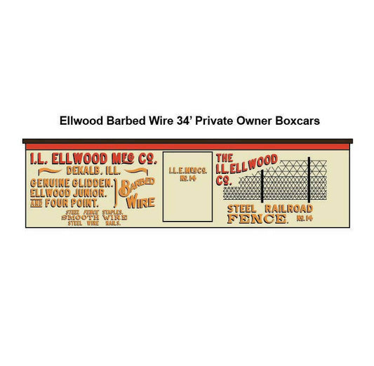 Ellwood Barbed Wire 34' Private Owner Boxcar Decal Set HO, O