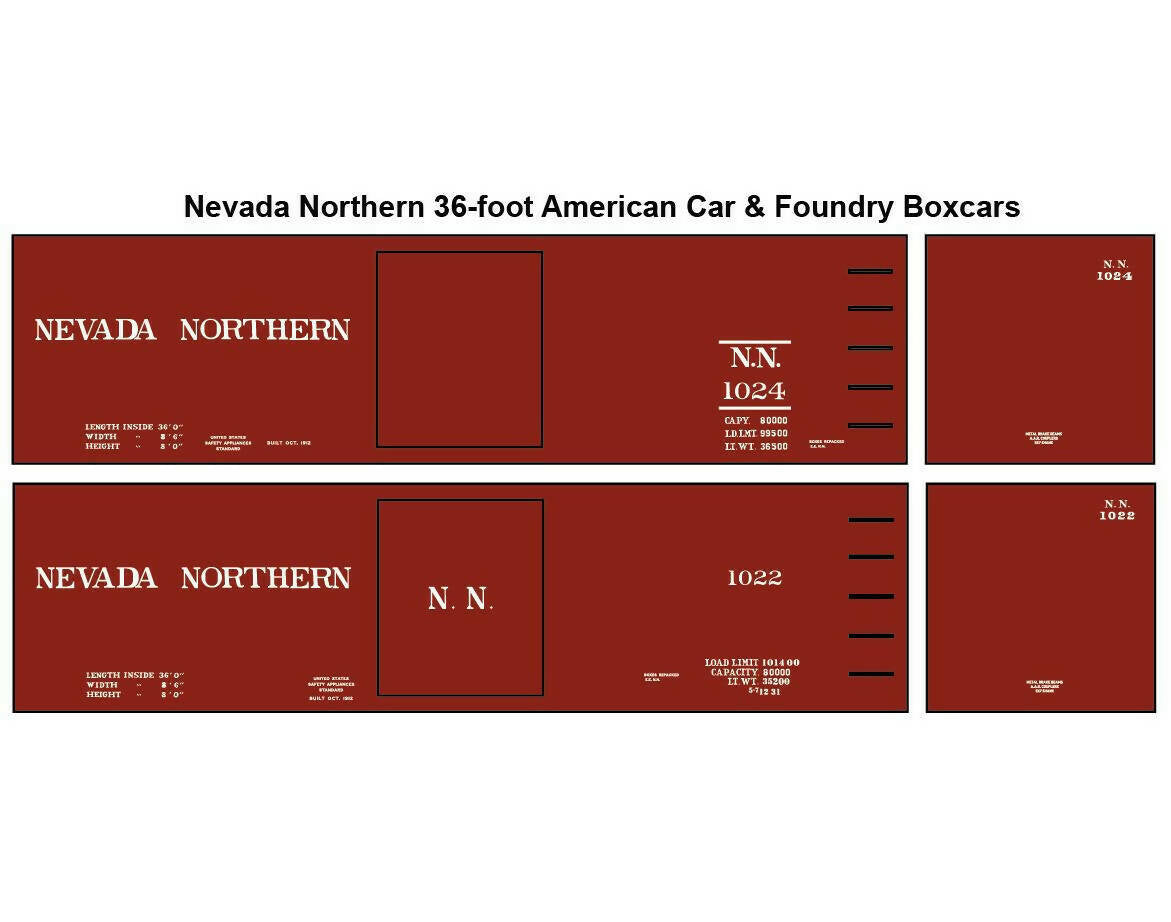GBC-B009-HO Nevada Northern 36 Foot AC&F Boxcars HO Scale Decal Set